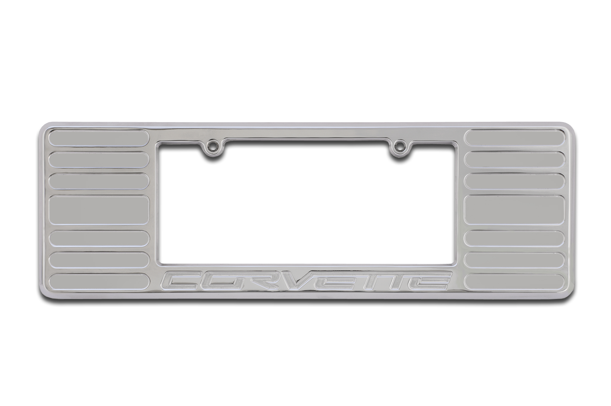 Corvette Chrome Wide License Plate Frame w/ "Corvette" Logo Engraved on Surface